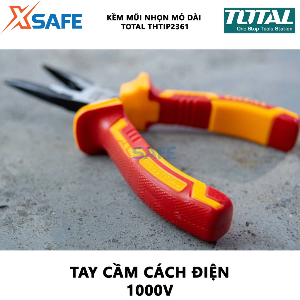 Kìm mũi nhọn mỏ dài cách điện TOTAL THTIP2361 Kềm cách điện 1000V kích thước 6&quot;(160mm), đầu kềm mạ đen đánh bóng - XSAFE