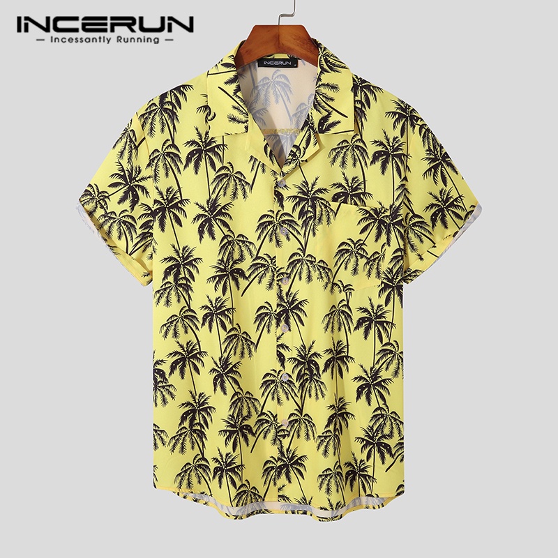 INCERUN Áo Sơ Mi Nam Ngắn Tay Cài Khuy In Hình 3 Lỗ Coplors Thời Trang Đi Biển