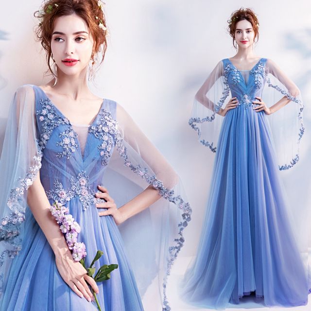 Đầm hoa dạ hội/cô dâu đính hạt tay choàng công chúa DHTC298 (HÀNG ORDER 10-15 NGÀY)
