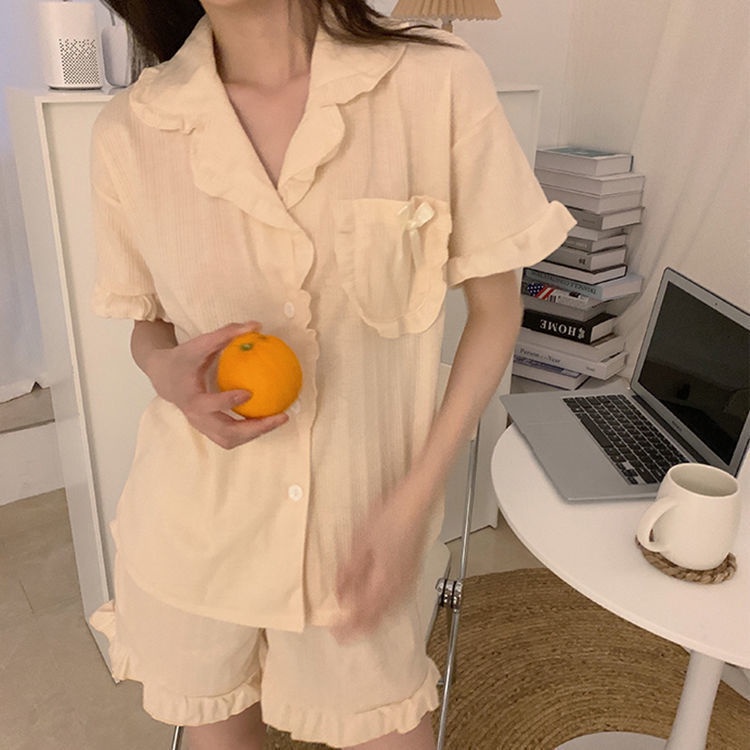 Bộ Đồ Ngủ Tay Ngắn Cổ Búp Bê Dễ Thương Đơn Sắc Dành Cho Nữ