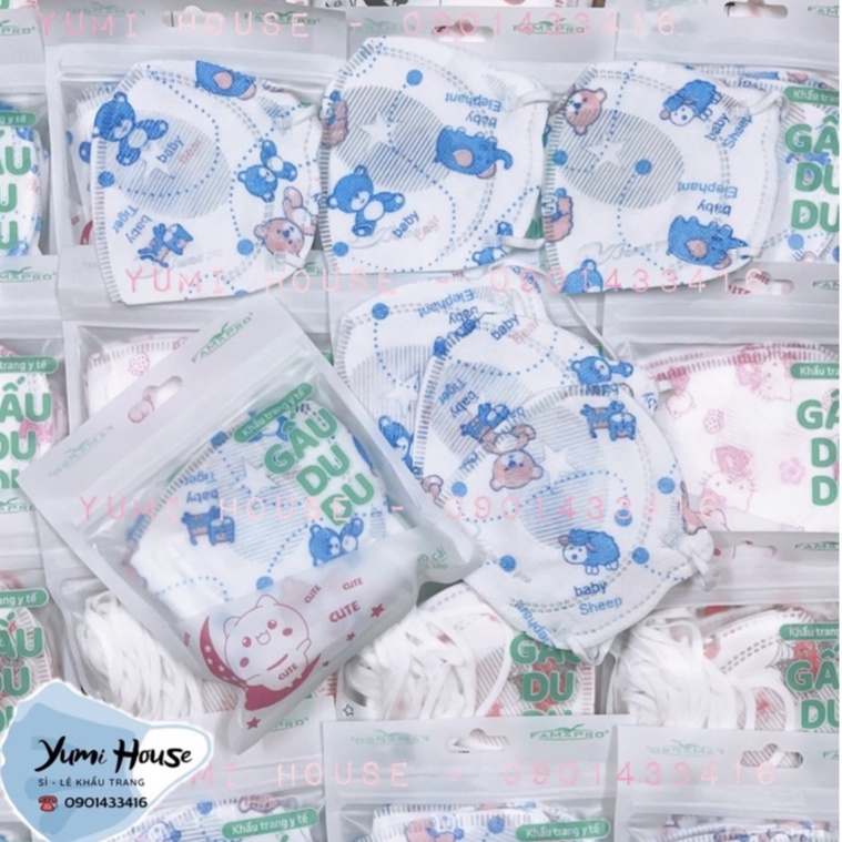 Khẩu trang trẻ em 3D, 5D GẤU DU DU Famapro chính hãng Nam Anh, nhiều họa tiết