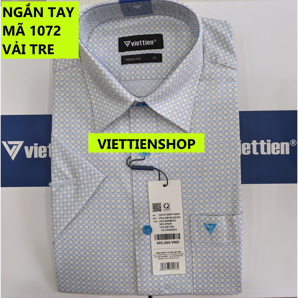 (1072 HVS) ÁO SƠ MI VIỆT TIẾN NGẮN TAY VẢI TRE HOA VẮN