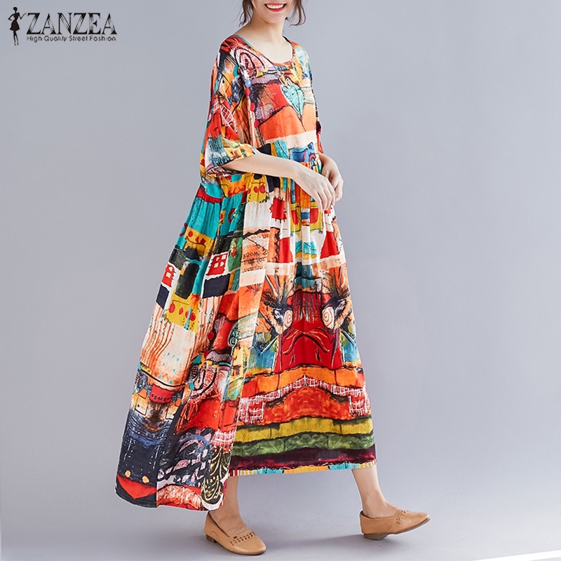 Đầm Maxi ZANZEA Ngắn Tay Dáng Rộng In Họa Tiết Sành Điệu Dành Cho Nữ | BigBuy360 - bigbuy360.vn