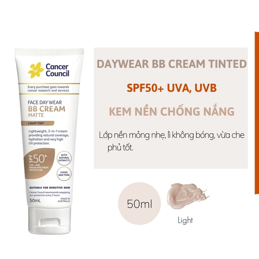 Kem Nền Chống Nắng Cancer Council 3in1 BB Cream Light Tint sáng da tự nhiên SPF50+ UVA-UVB 50ml | WebRaoVat - webraovat.net.vn