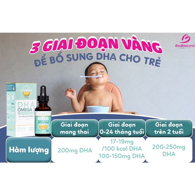 DHA Omega-3 Thuần Chay Non GMO LiveWise Mỹ cho bé từ sơ sinh đến 3 tuổi - 𝑯𝒂̀𝒏𝒈 𝑨𝒊𝒓 - BAABEELAND