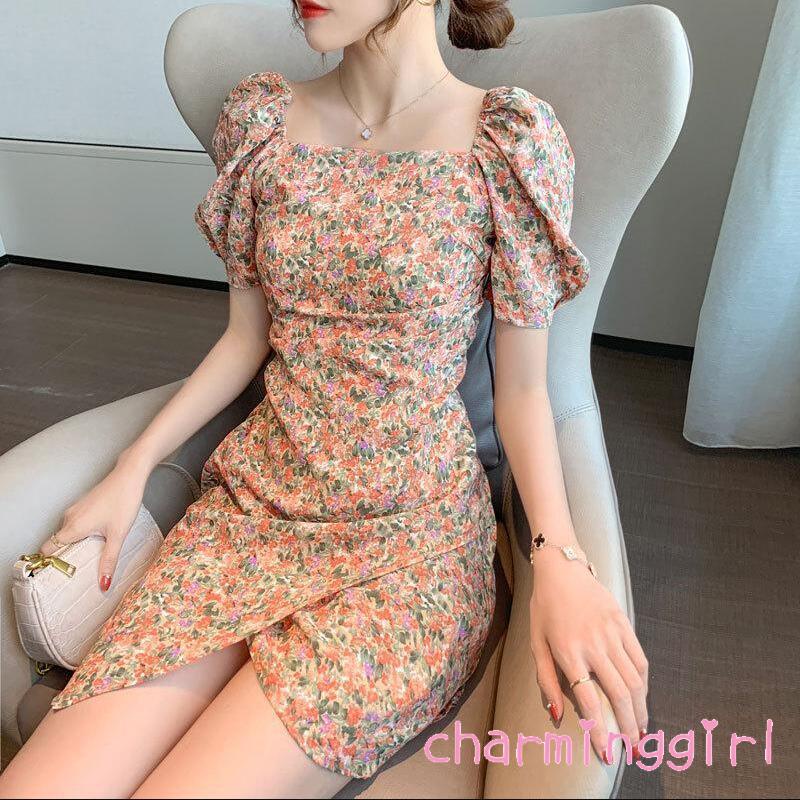 Đầm Liền Thân Tay Phồng Cổ Vuông In Họa Tiết Hoa Dành Cho Nữ