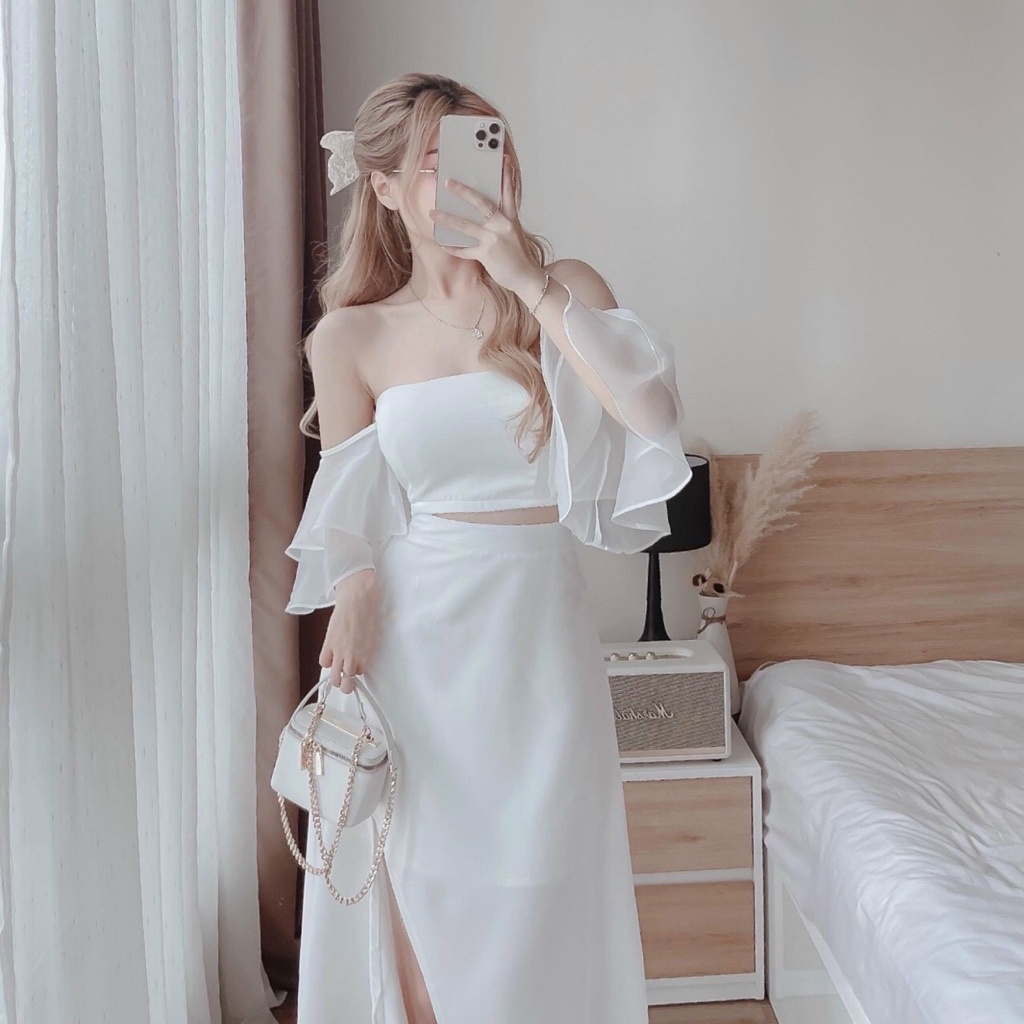 COMBO SET BỘ THỜI TRANG NỮ ÁO CROPTOP PHỐI VOAN BÈO TAY & CHÂN VÁY XẺ CÓ LÓT TRONG ( ÁO CÓ MÚT)