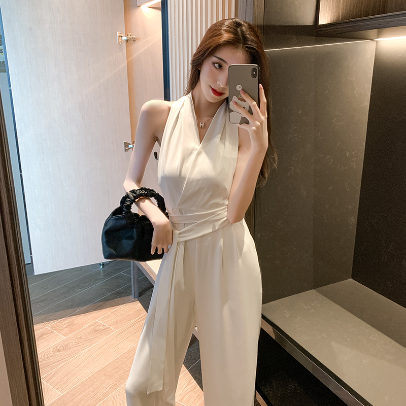 2021New Wide-Legged Pants Cargo Overalls Suit Women's Fashionable Summer Wear High Waist Slim Looking Graceful Drape White