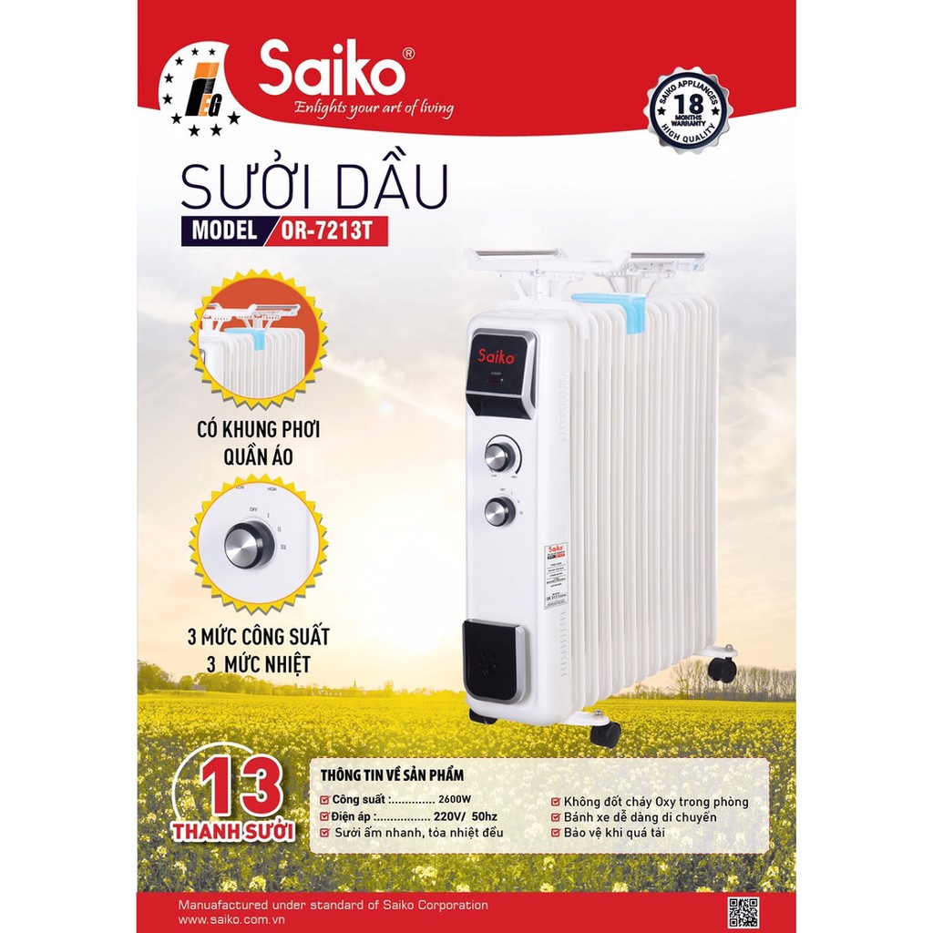 Máy sưởi dầu Saiko 13 thanh OR-6213E | HDB-E1-13 | OR-7213T | CDN-RY2000-13AT