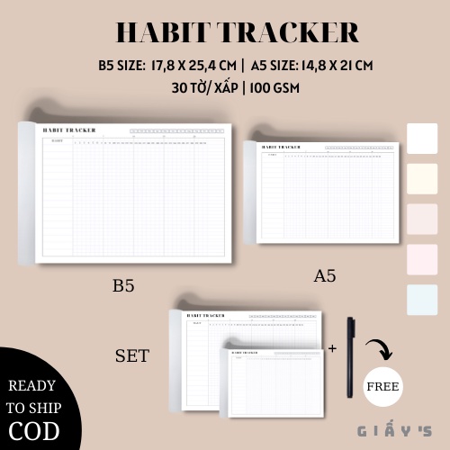 Habit Tracker - Tập giấy theo dõi thói quen Habit Tracker handmade phong cách đơn giản, size A5 và B5 tiện dụng.