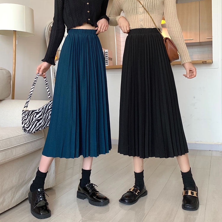 Chân váy midi chữ A lưng cao xếp ly co giãn tốt thiết kế thời trang thanh lịch 47574