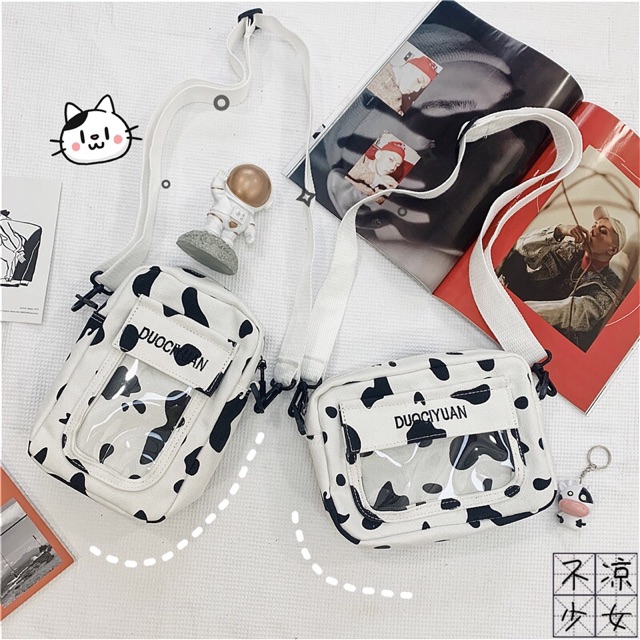 Túi bò sữa phối trong suốt ngang dọc siêu xinh(có sẵn không kèm phụ kiện, móc khoá)