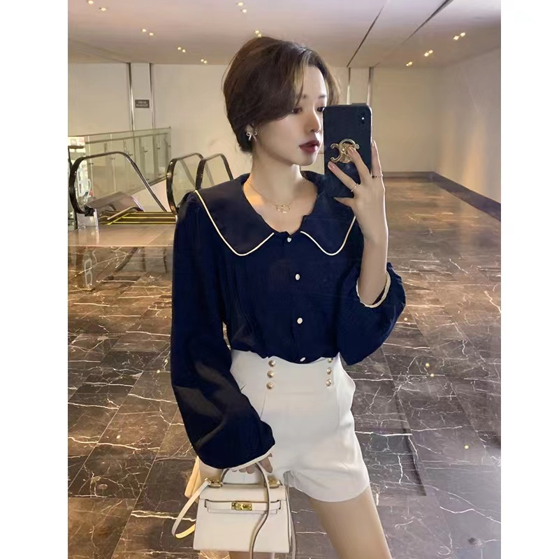 Áo Sơ Mi Tay Dài Cổ Búp Bê Xếp Ly Một Hàng Nút Đơn Giản Sang Trọng Hàn