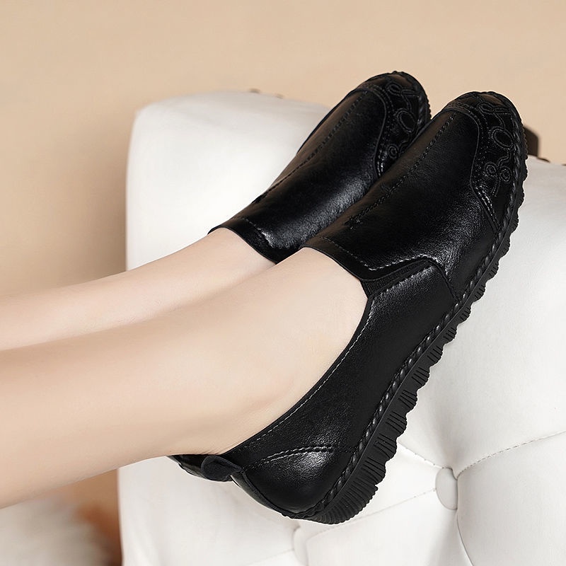 Giày Lười Da Lót Bông Giữ Ấm Thời Trang Xuân Thu Cho Phụ Nữ Trung Niên