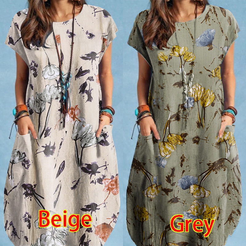 Đầm midi Zanzea tay ngắn cổ tròn in họa tiết hoa thời trang cho nữ