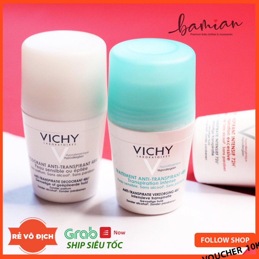 Lăn khử mùi VICHY Anti-Transpiration và Peau Sensible 50ml xanh và trắng