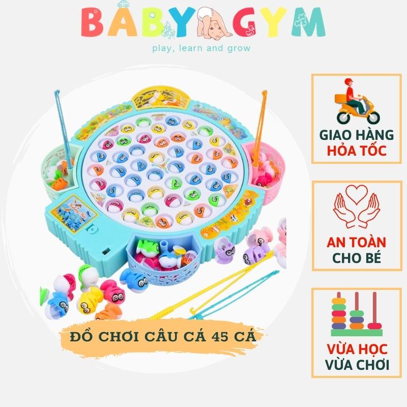 Đồ chơi câu cá cho bé bằng nhựa, nhiều màu, có nhạc, tặng kèm pin - Bộ 45 con cá, cần câu móc - BABYGYM
