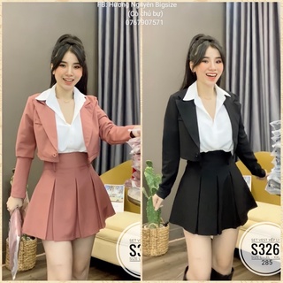 60-90kg bigsize set vest sơ mi + váy xếp li 3 món s326
