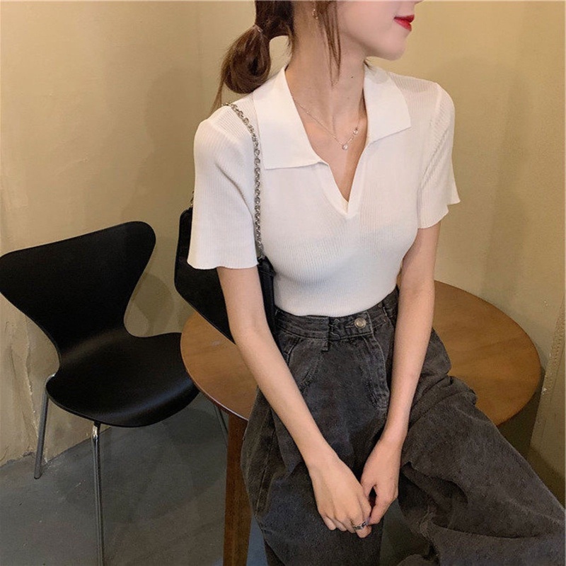 Áo Croptop Dệt Kim Tay Ngắn Cổ Chữ V Màu Trơn Thời Trang Cho Nữ
