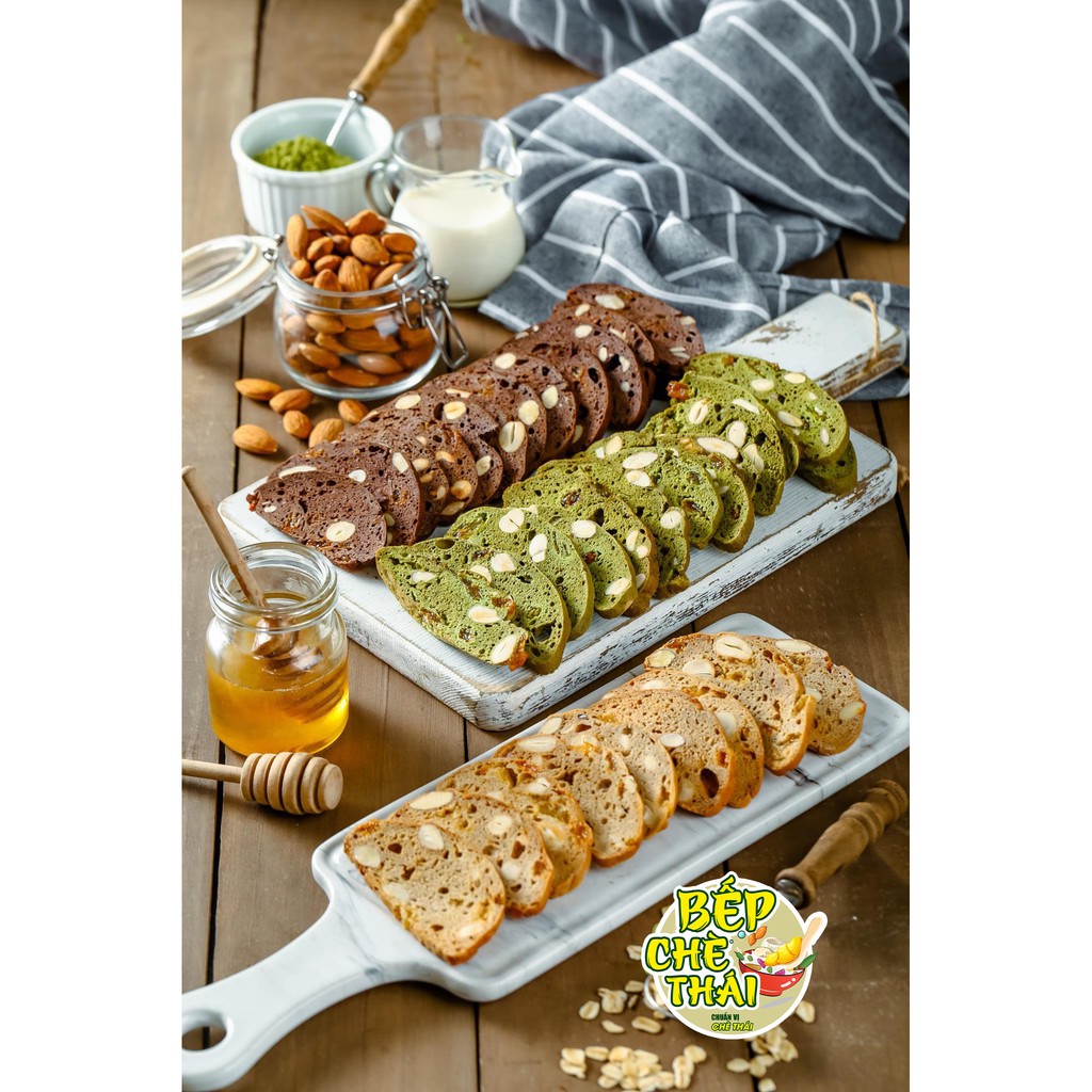 Bánh Biscotti Ăn Kiêng Mix 4 Vị Sữa Dừa Vani Chocolate Matcha - Hũ 250gr - Bếp Chè Thái