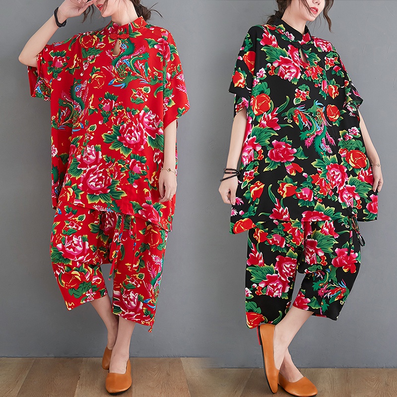 Set Áo Thun Ngắn Tay + Quần Ống Rộng Họa Tiết Thổ Cẩm Thời Trang