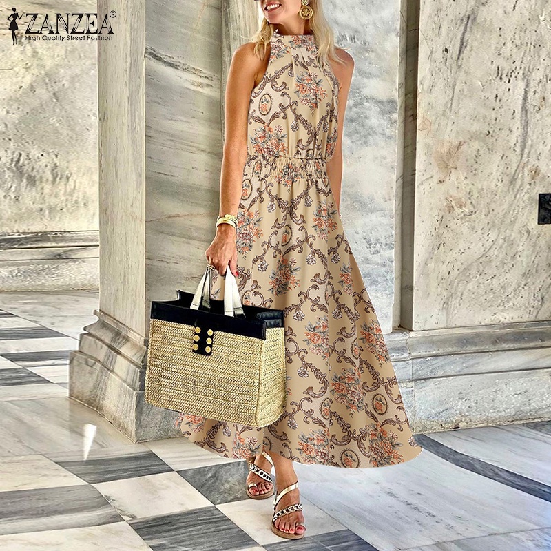 Đầm ZANZEA dáng dài sát nách cổ đứng in họa tiết phong cách Châu Âu thời trang dành cho nữ