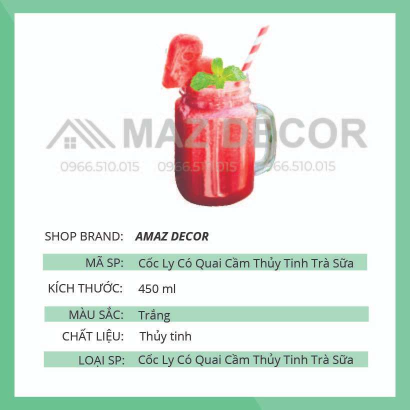 [Sỉ] Cốc Ly Chai Có Quai Cầm Thủy Tinh Trà Sữa 450ML Nắp có lỗ màu trắng dày dặn đẹp