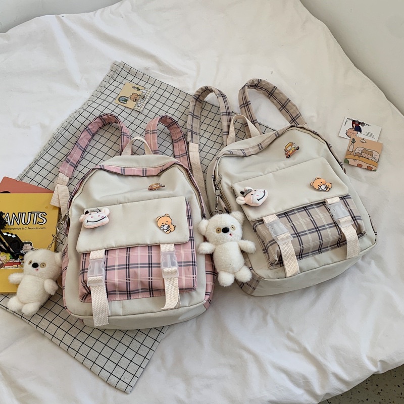 Balo đi học sọc caro đầy đủ phụ kiện Balo ulzzang chống nước B12