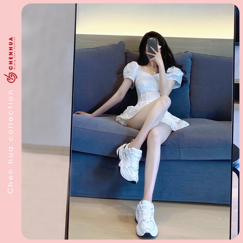 Váy bánh bèo HUAHUA đầm retro thắt eo dài tay xinh đẹp VT38