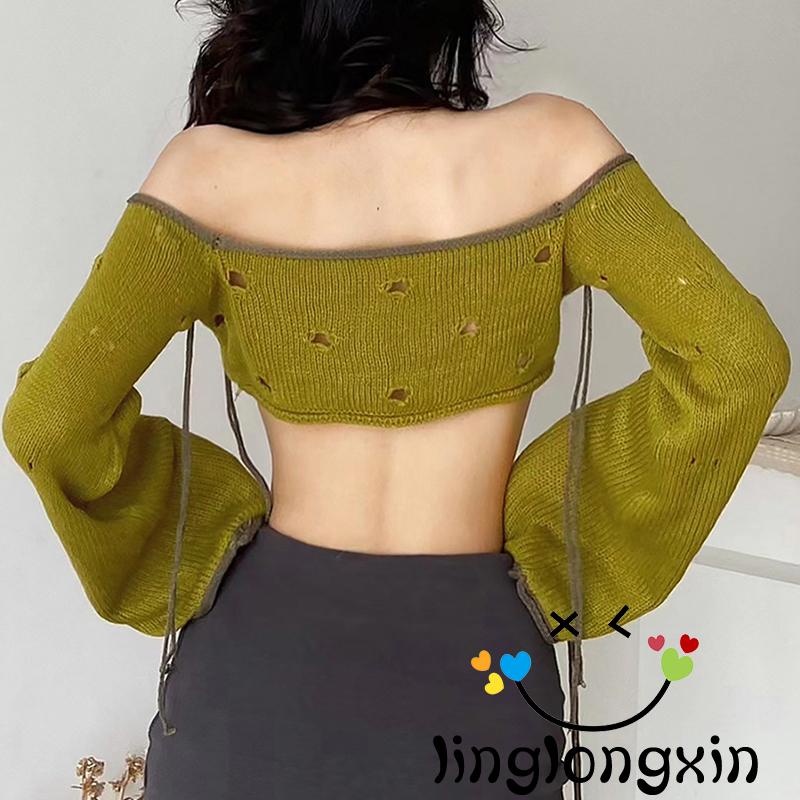 Áo Croptop Trễ Vai Tay Dài Phối Rách Màu Xanh Lá Cây Thời Trang Đường Phố Cho Nữ Linglongxi2