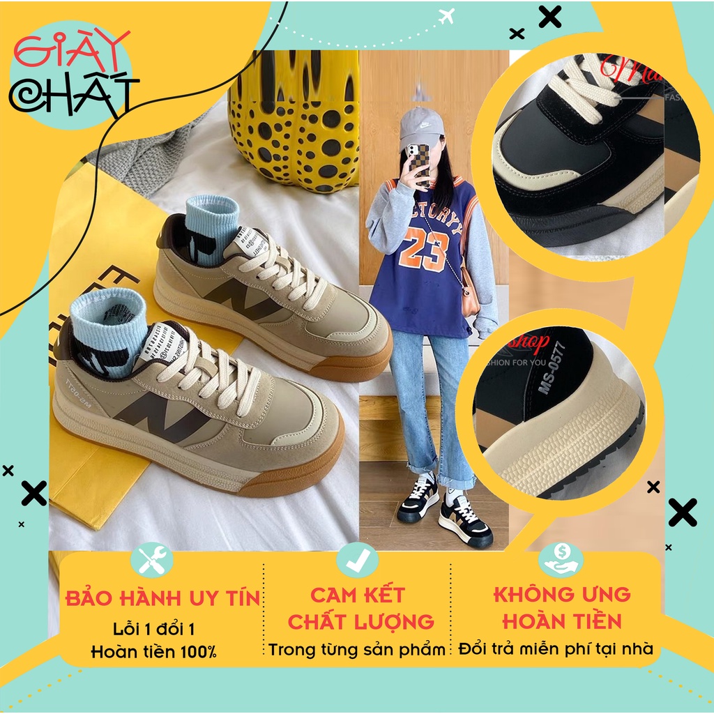 Giày thể thao nữ phối viền da, Giày sneaker nữ mũi tròn độn đế phong cách thời trang cá tính