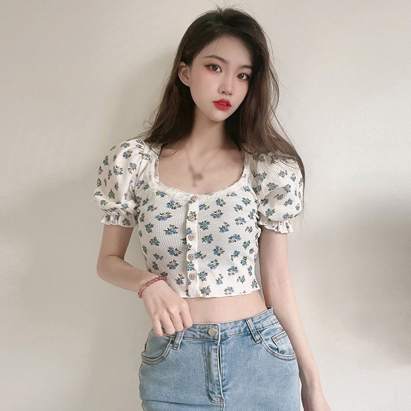 Áo Croptop Cổ Vuông Tay Ngắn Thời Trang Mùa Thu Cho Nữ