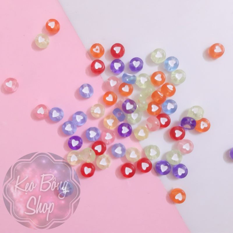 Gói hạt nhựa trong suốt hình trái tim làm vòng tay, shaker, móc khóa handmade