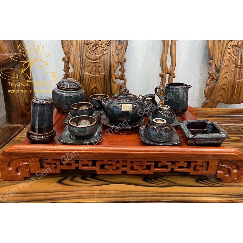 Bộ ấm trà, nghệ nhân Tô Thanh Sơn ấm chén Bát tràng cao cấp tách trà men hoả biến thiên thanh