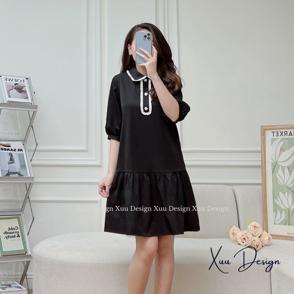 Váy nữ thiết kế XUU dáng babydoll tay lỡ cổ phối viền thanh lịch vải tơ mềm mịn - V13