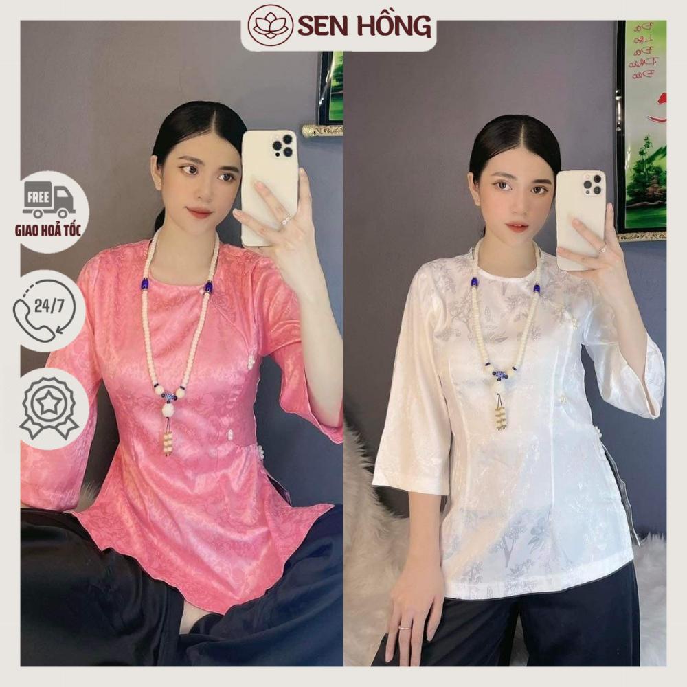 ĐỒ LAM ĐI CHÙA # ÁO BÀ BA GẤM XINH # set Phật tử lụa vân hoa kiểu cài lệch kèm quần AB23