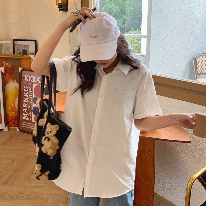 Áo sơ mi nữ SUXI tay ngắn dáng rộng màu trơn kiểu Hàn Quốc thời trang mùa hè