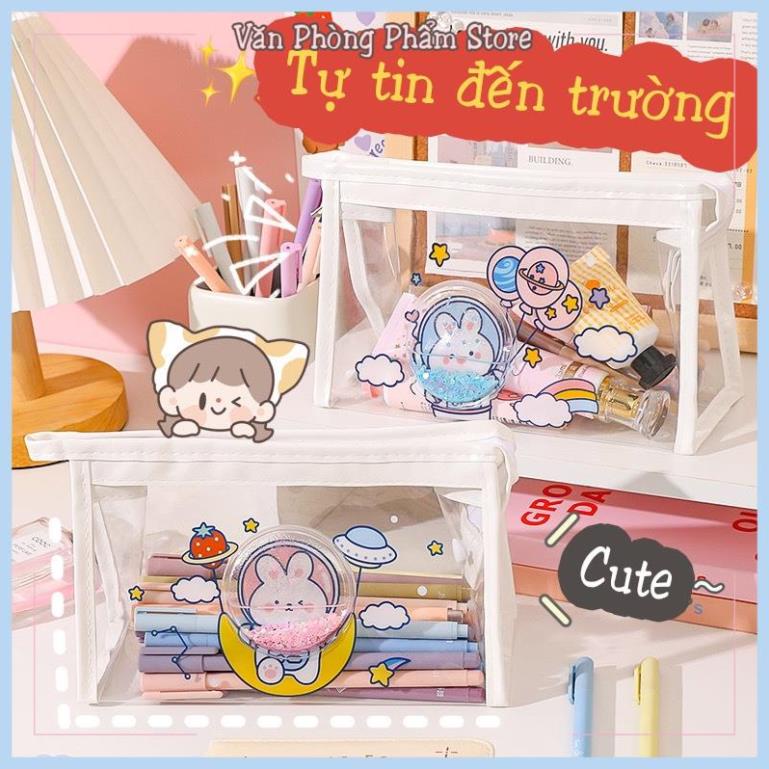 Túi đựng bút mỹ phẩm trong suốt họa tiết hoạt hình kim tuyến cute phong cách học sinh