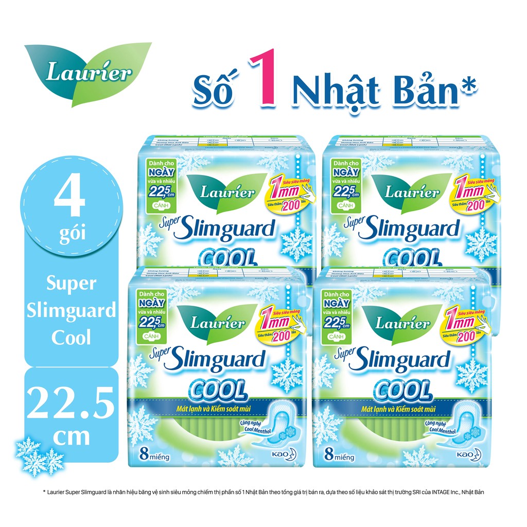 Combo 4 gói băng vệ sinh Laurier Siêu mỏng 1mm mát lạnh (22.5 cm/miếng,8 miếng/gói)