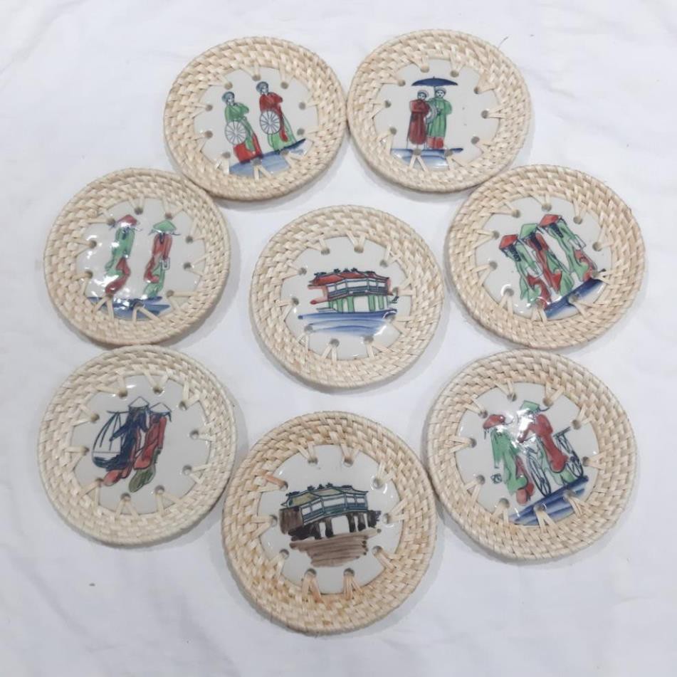 Lót ly  làm từ mây sứ hoa văn truyền thống Việt Nam - D 12 cm Có ảnh thật