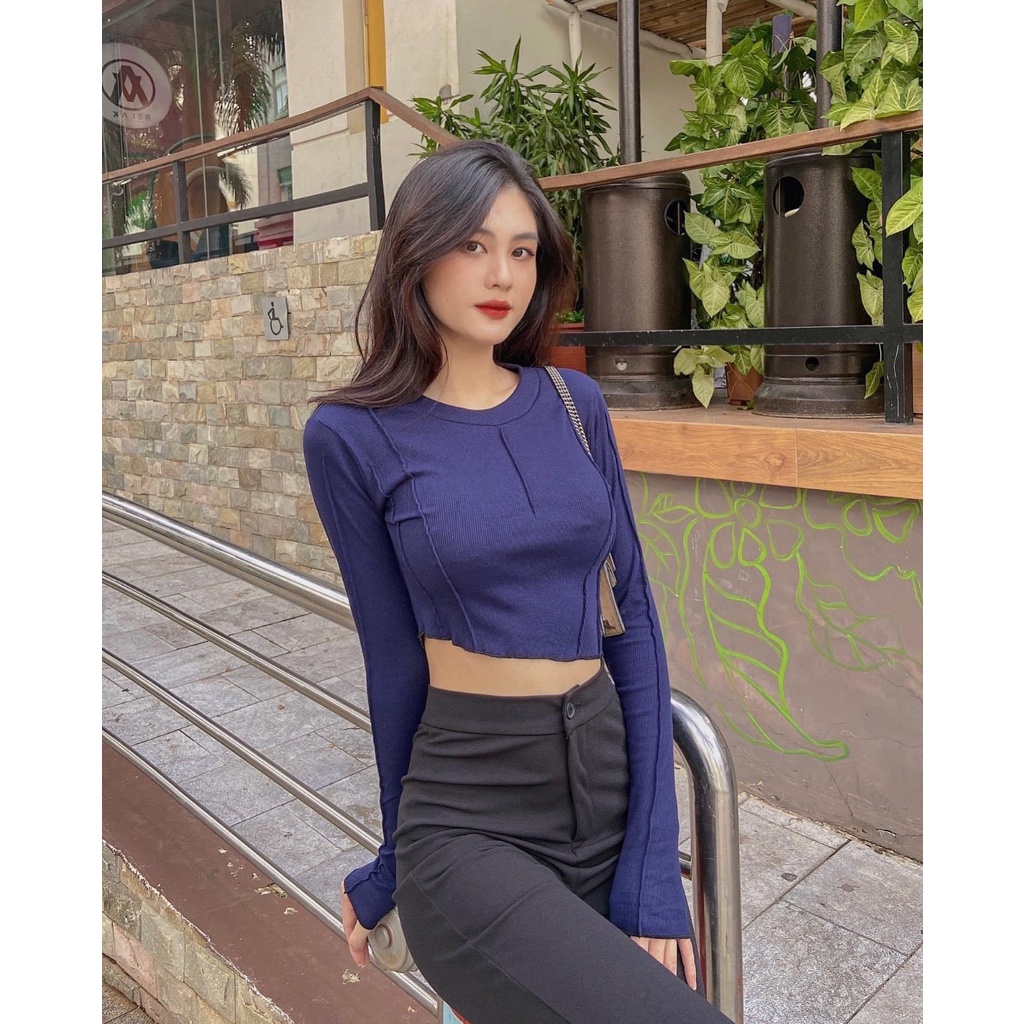 Áo croptop nữ tay dài HHVINTAGE kiểu cổ tròn lệch tà Top A23