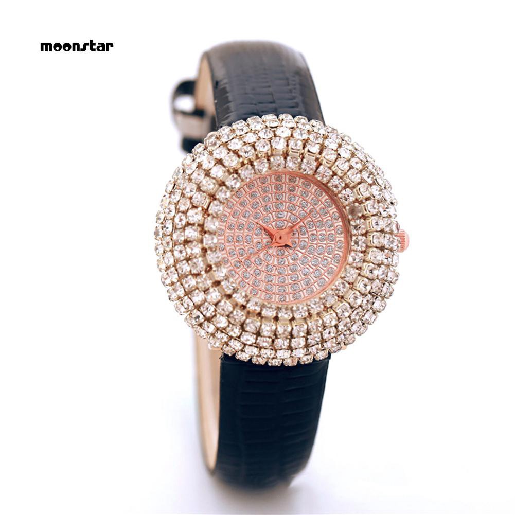 Đồng hồ quartz nữ mặt tròn đính hột xoàn dây giả da | BigBuy360 - bigbuy360.vn