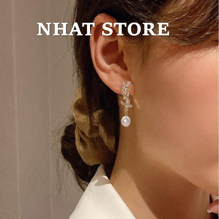 Khuyên tai bạc 925 hình chữ đính đá cho nữ Nhat Store