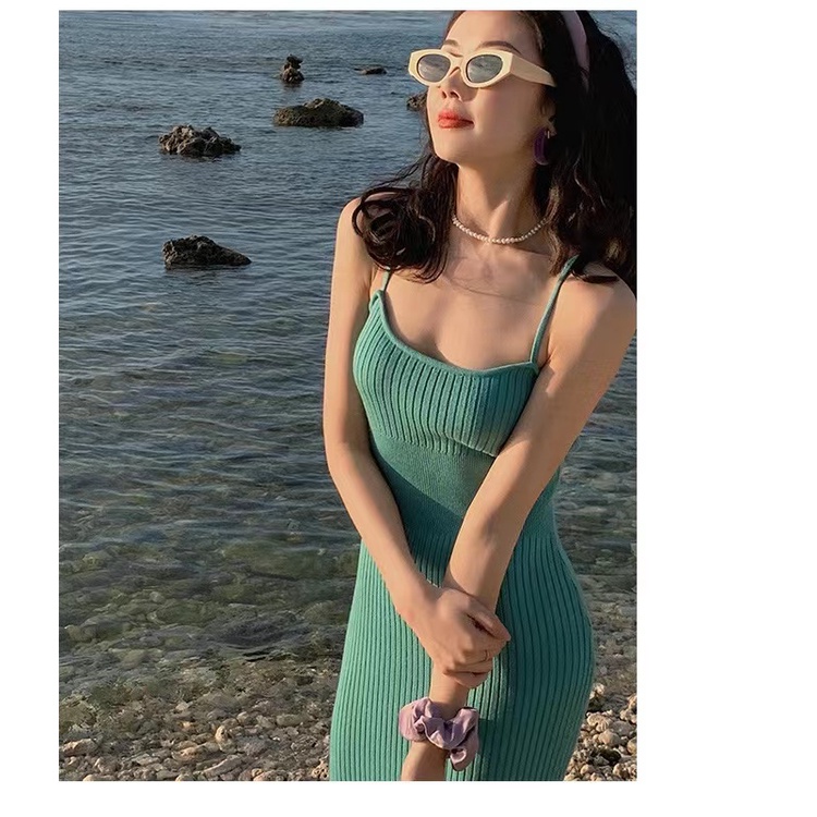 DUNEA Đầm hai dây màu trơn thời trang mùa hè dành cho nữ