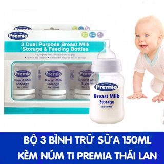 Bộ 3 bình trữ sữa kèm núm ti Premia 150ml Thái Lan