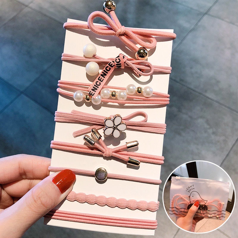 Set 5 / 8 Dây Buộc Tóc Co Giãn Đính Ngọc Trai / Hoa Dễ Thương Cho Nữ