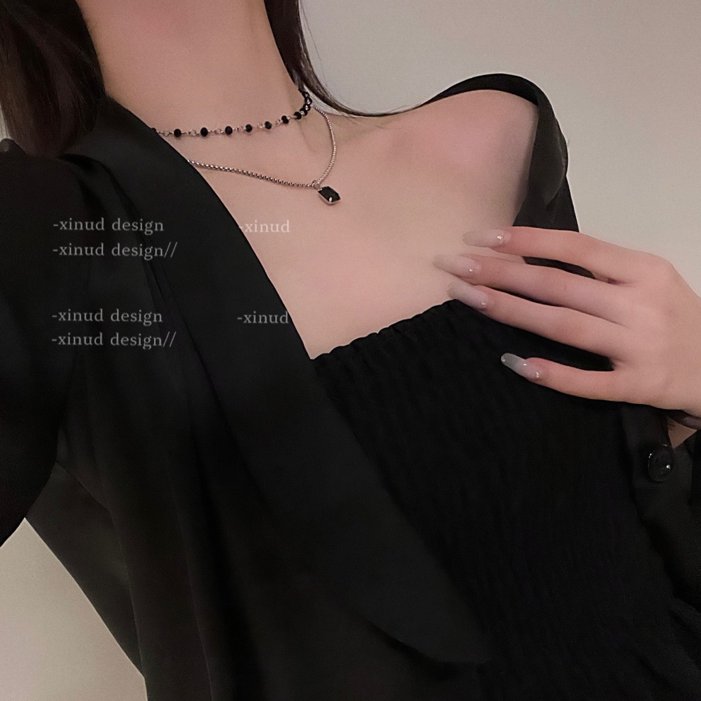 Vòng cổ Hai Lớp Đính Đá Kim Cương Đen Phong Cách ins Sang Trọng