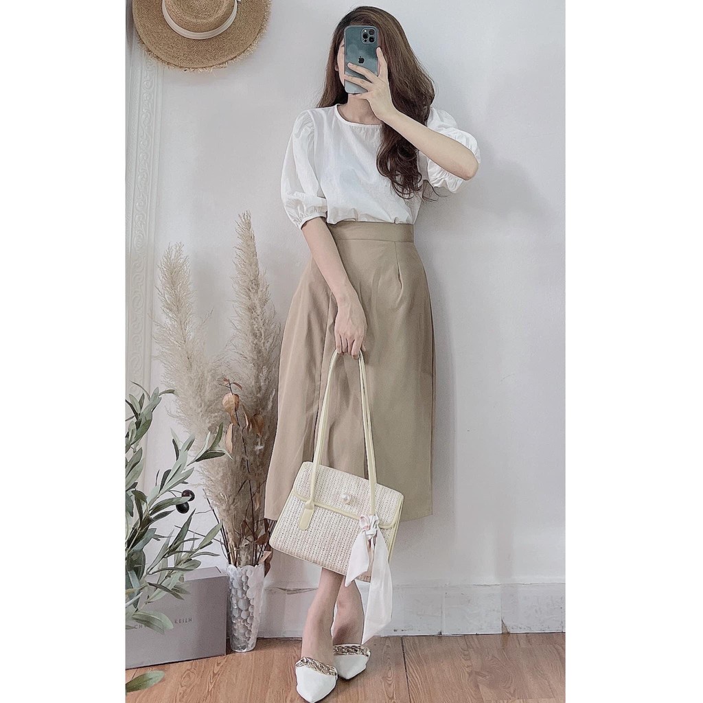 Set chân váy kaki dáng dài xẻ tà kèm áo babydoll tay bồng