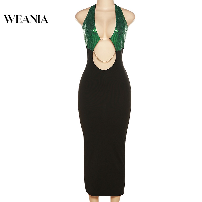 Đầm Hai Dây Màu Sắc Tương Phản Đính Kim Sa Quyến Rũ Cho Nữ