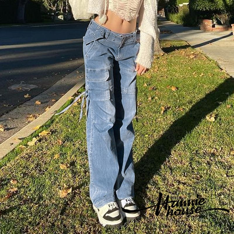 Quần Denim Lưng Cao Ống Đứng Phối Túi Phong Cách Vintage Thời Trang Cho Nữ
